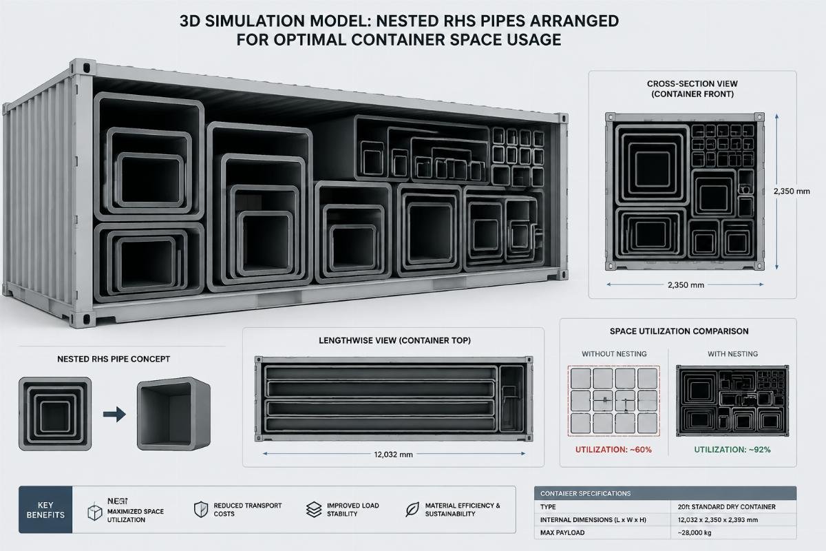 3D simulation model showing nested RHS pipes arranged for optimal container space usage