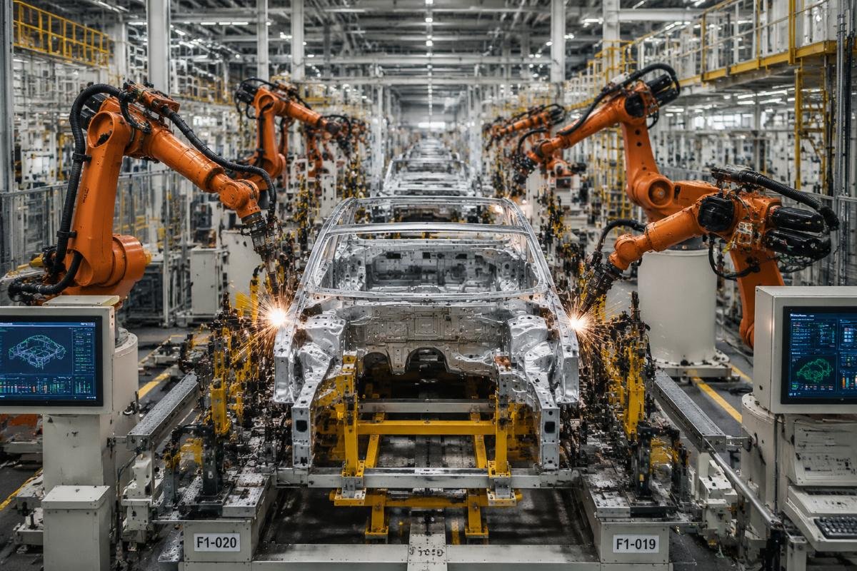 Automotive chassis frame assembly line showing robotic welding stations and precise fixture alignment