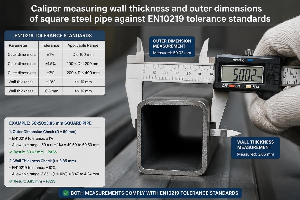 Caliper measuring wall thickness and outer dimensions of square steel pipe against EN10219 tolerance standards