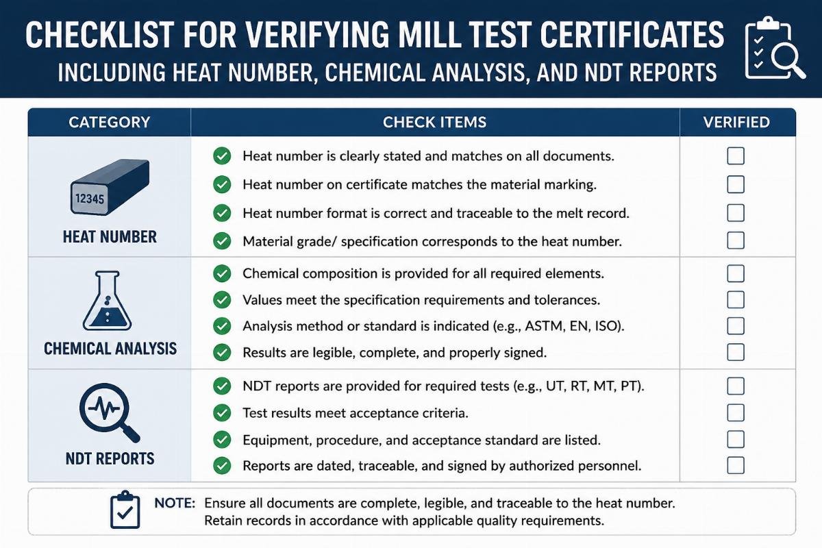 Checklist for verifying mill test certificates including heat number, chemical analysis, and NDT reports