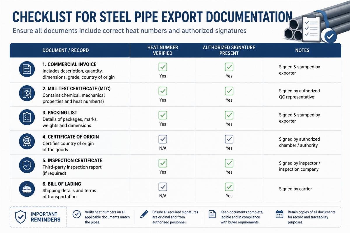 Checklist graphic for verifying steel pipe export documentation including heat numbers and signatures