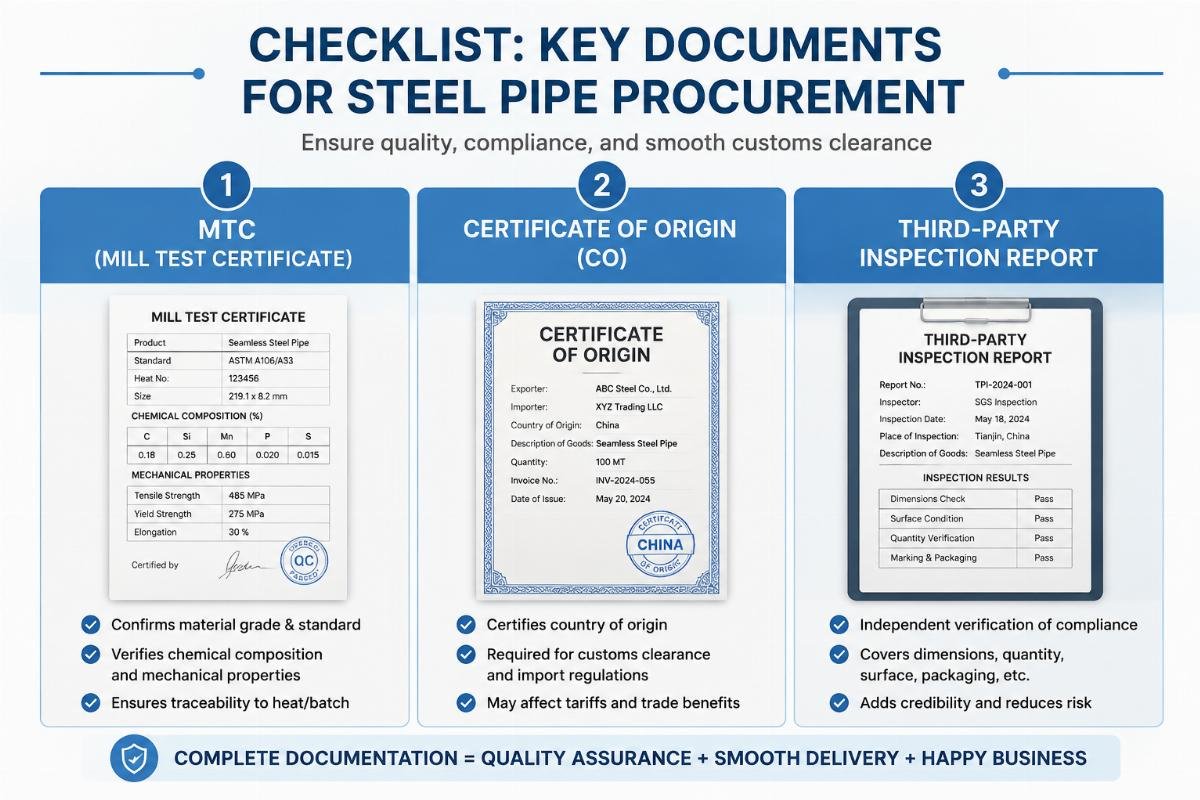 Checklist graphic showing key documents for steel pipe procurement including MTC, Certificate of Origin, and Third-Party Inspection Report