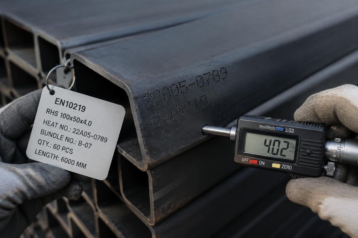 Close-up inspection of EN10219 RHS steel tubes showing heat number stamps and wall thickness measurement