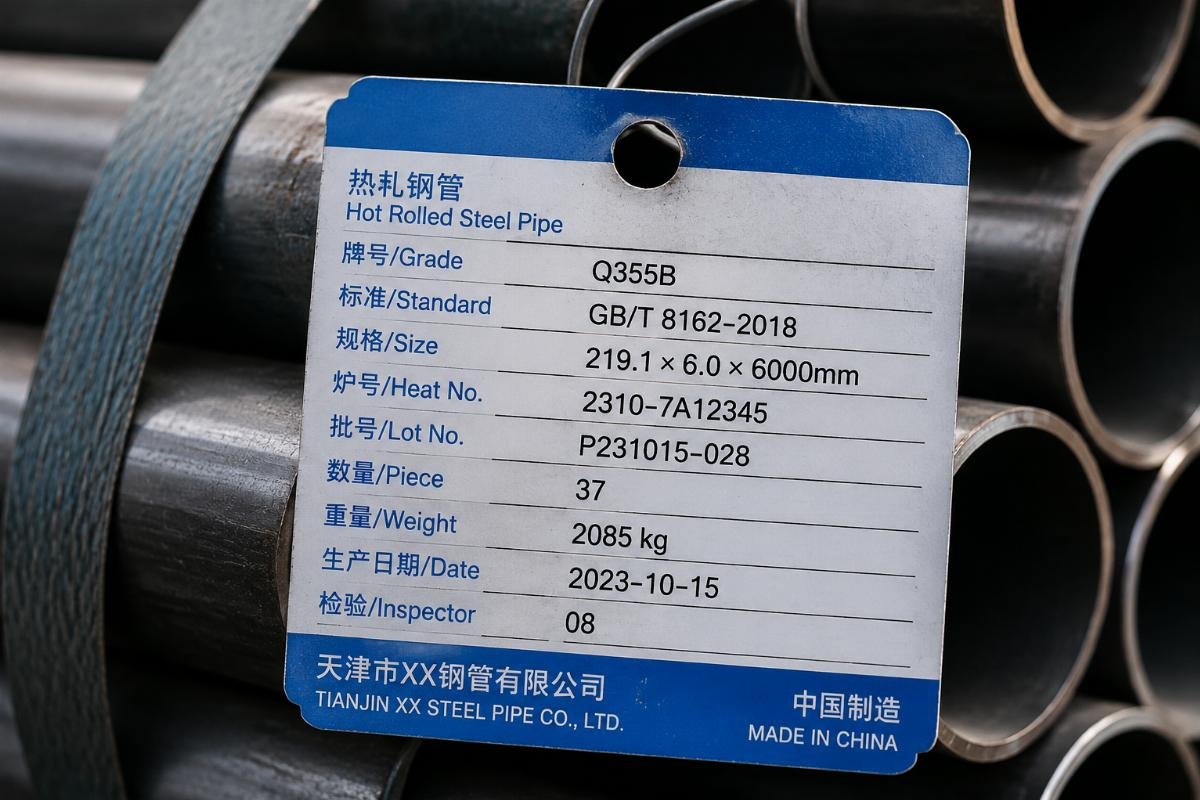 Close-up of steel pipe bundle tags showing heat number, standard code, and bilingual labeling