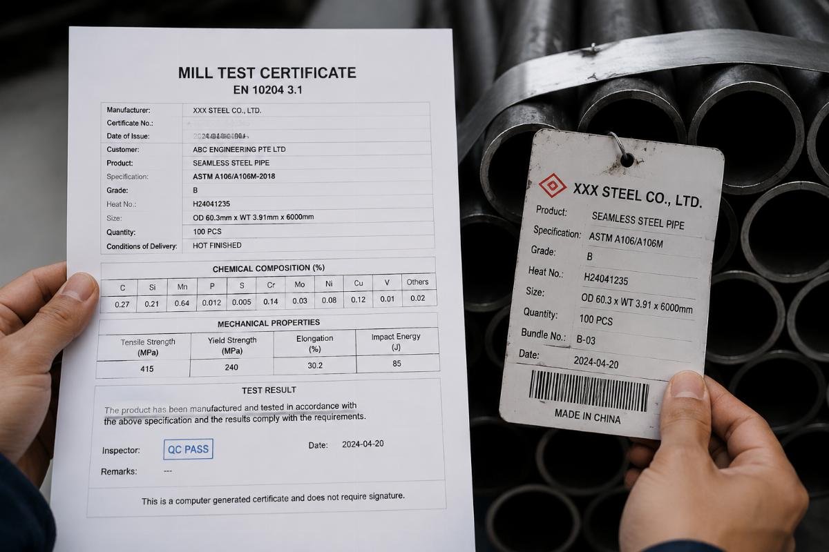Close-up view of a Mill Test Certificate being reviewed against a steel pipe bundle tag