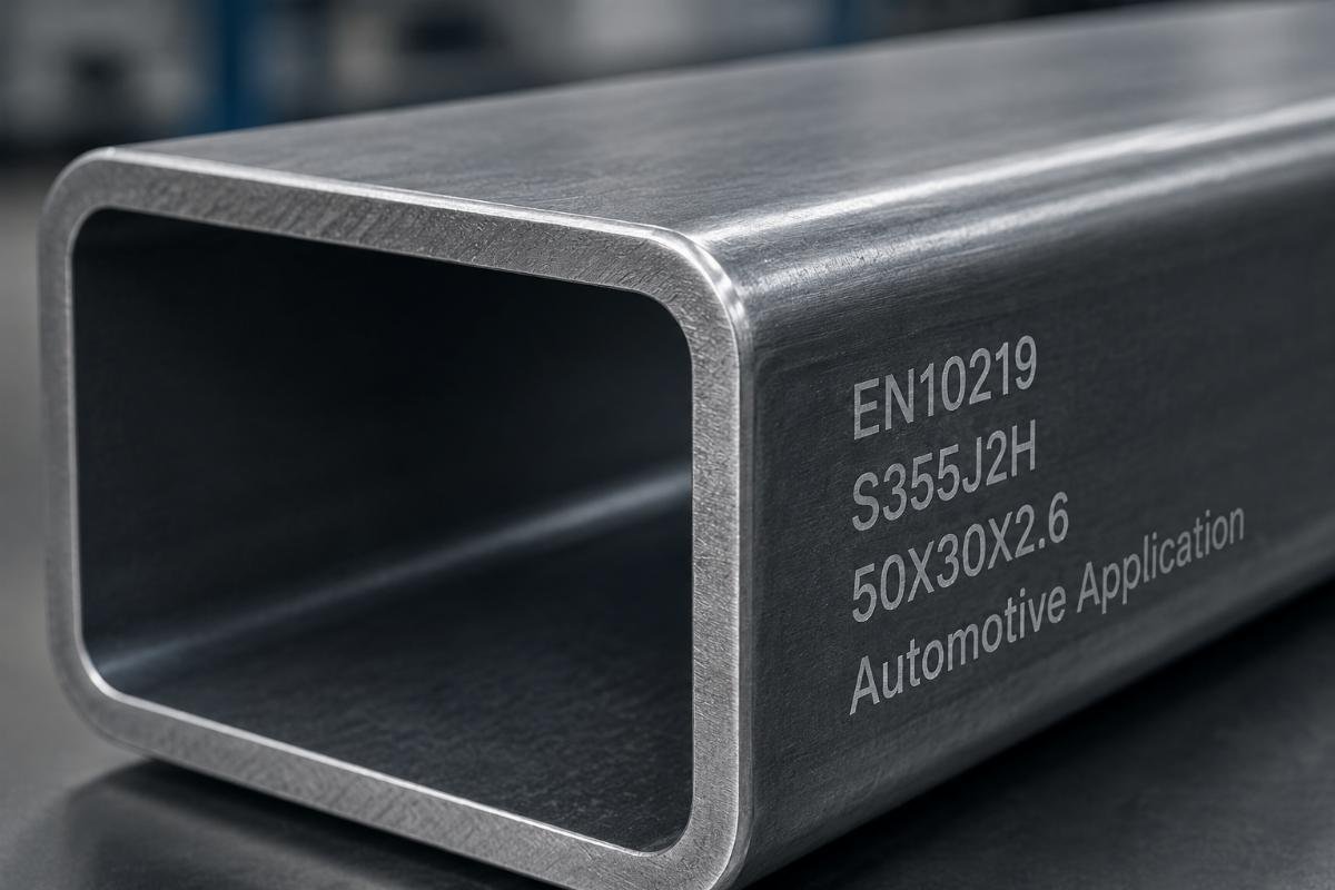Close-up view of EN10219 steel pipe for automotive manufacturing showing precise corner radius and surface finish