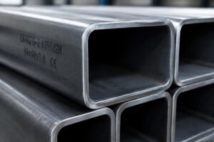 Close-up view of S355 cold formed hollow sections showing sharp corner radii and smooth surface finish typical of EN10219 production