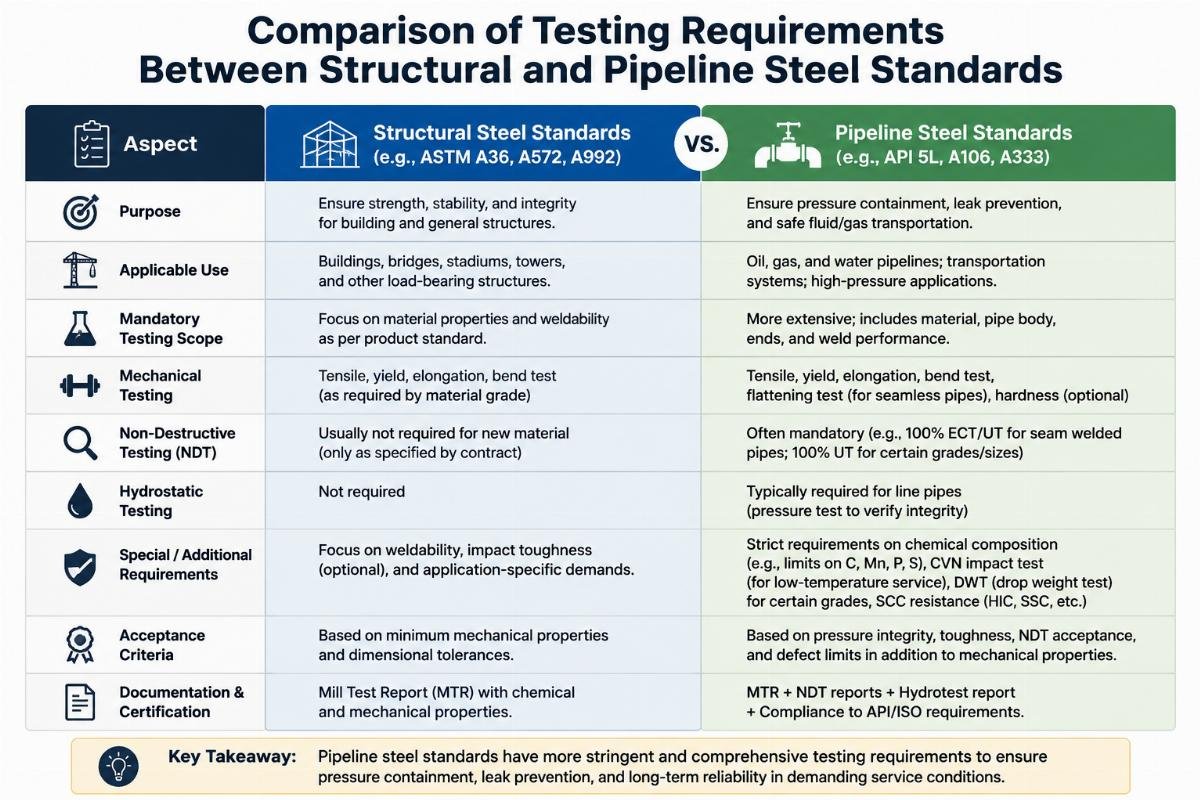 Comparison chart highlighting key differences in testing requirements between structural and pipeline steel standards
