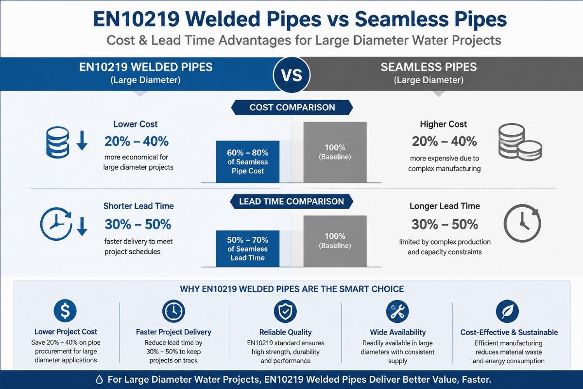 Comparison chart showing cost and lead time advantages of EN10219 welded pipes versus seamless pipes for large diameter water projects