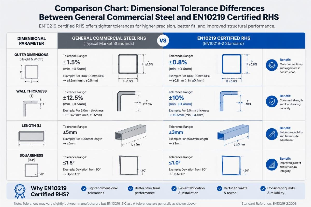 Comparison chart showing dimensional tolerance differences between general commercial steel and EN10219 certified RHS