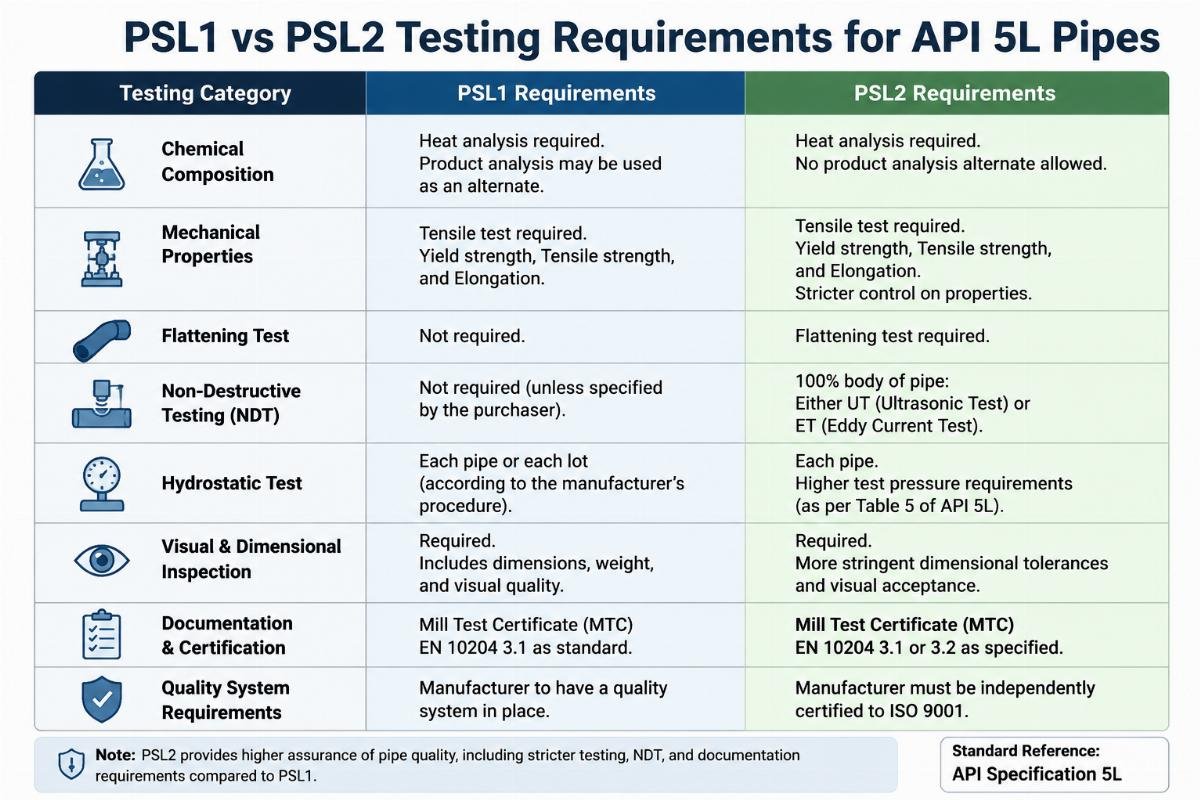 Comparison chart showing PSL1 vs PSL2 testing requirements for API 5L pipes