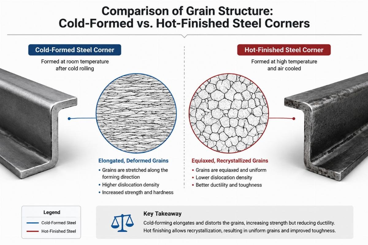 Comparison diagram showing grain structure differences between cold-formed and hot-finished steel corners