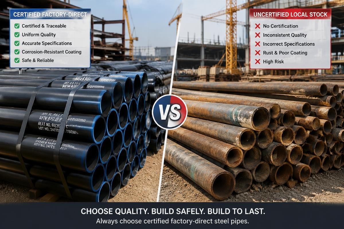 Comparison of certified factory-direct steel pipes versus uncertified local stock in a construction yard