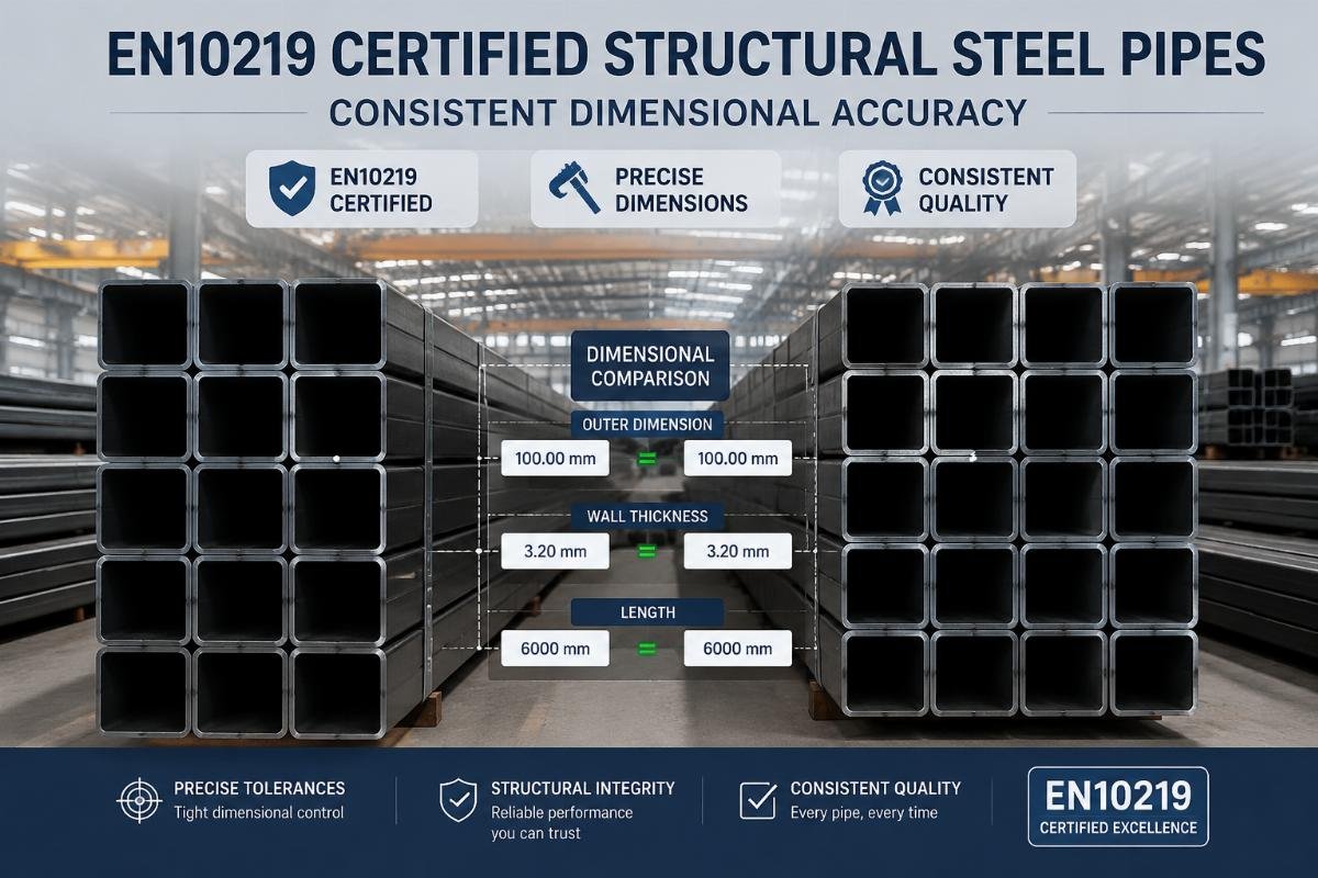 Comparison of EN10219 certified structural steel pipes stacked in a warehouse, highlighting consistent dimensional accuracy