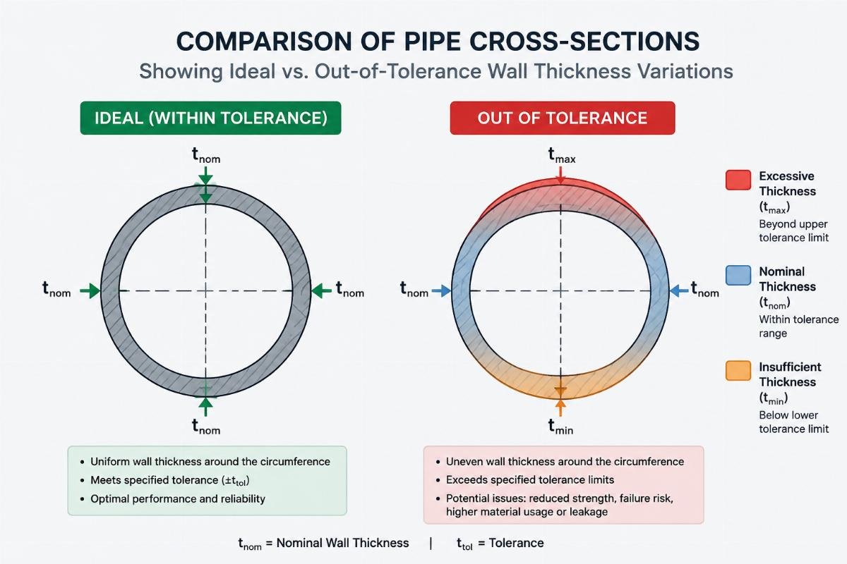 Comparison of pipe cross-sections showing ideal vs. out-of-tolerance wall thickness variations