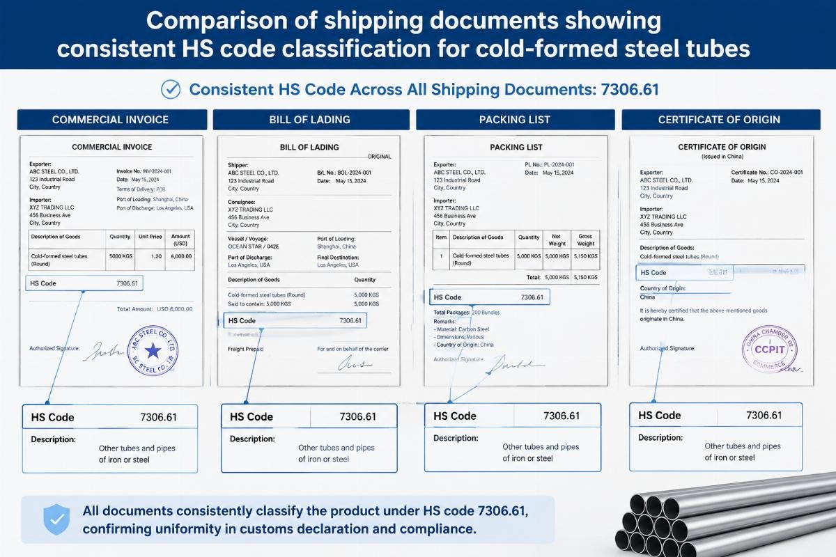 Comparison of shipping documents showing consistent HS code classification for cold-formed steel tubes
