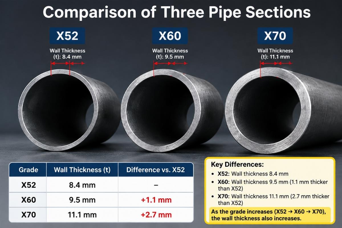 Comparison of three pipe sections labeled X52, X60, and X70 with annotations indicating wall thickness differences