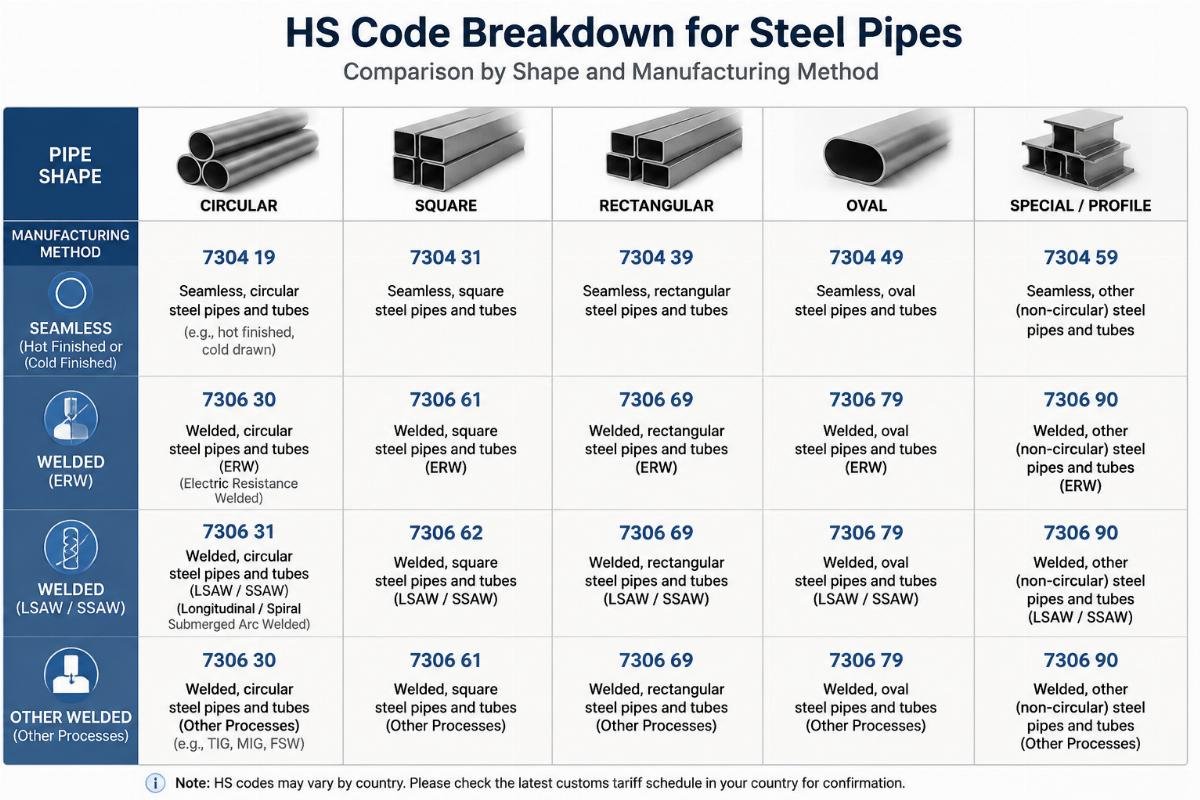 Comparison table graphic showing HS code breakdown for different steel pipe shapes and manufacturing methods
