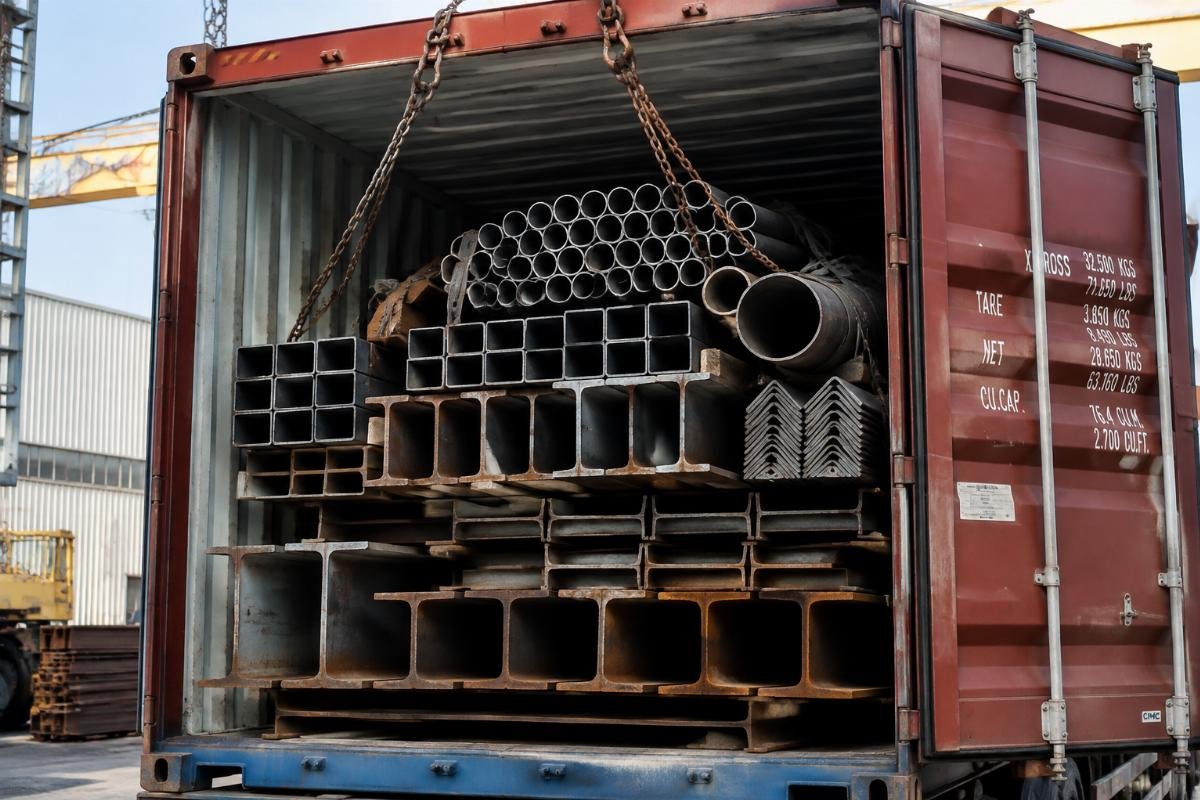 Container being loaded with mixed structural steel components including pipes and beams for export
