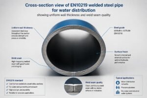 Cross-section view of EN10219 welded steel pipe for water distribution showing uniform wall thickness and weld seam quality