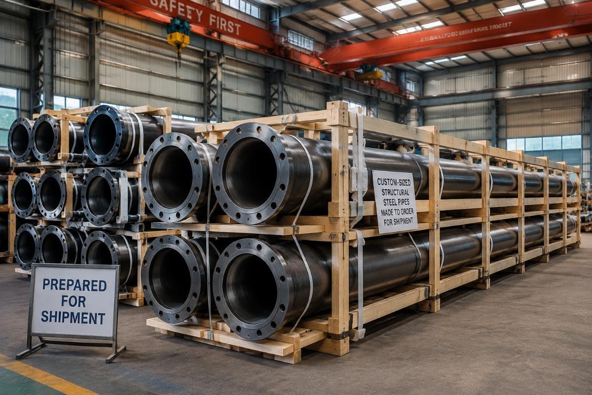 Custom-sized structural steel pipes being prepared for shipment