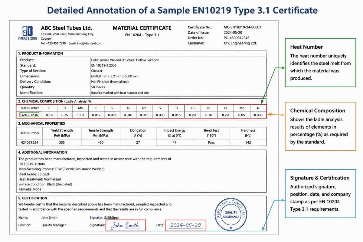 Detailed annotation of a sample EN10219 Type 3.1 certificate highlighting heat number, chemical composition, and signature areas