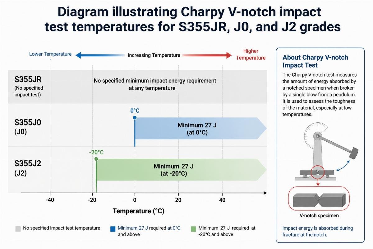 Diagram illustrating Charpy V-notch impact test temperatures for S355JR, J0, and J2 grades