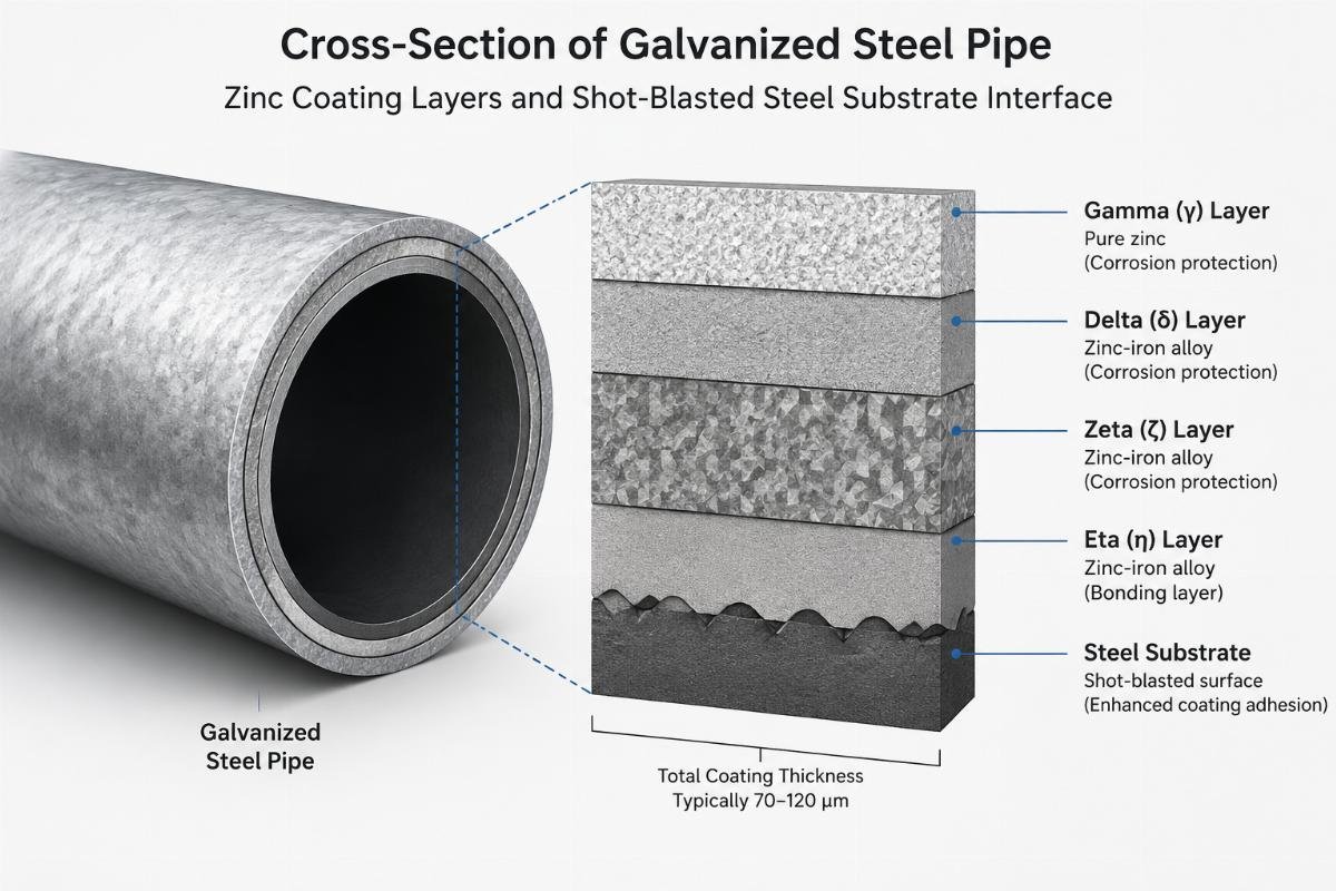 Diagram illustrating the cross-section of a galvanized steel pipe showing the zinc coating layers and the shot-blasted steel substrate interface