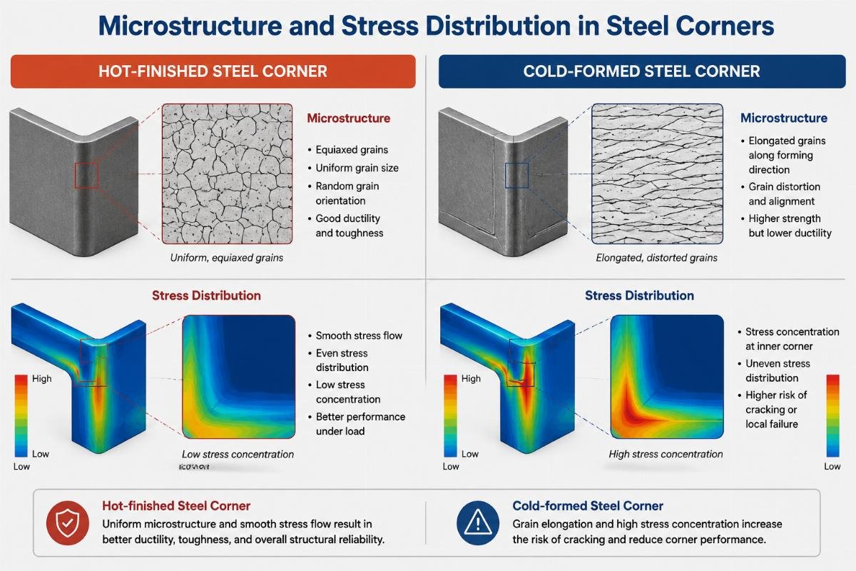 Diagram illustrating the microstructure difference and stress distribution in hot-finished versus cold-formed steel corners