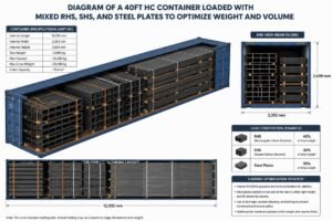 Diagram of a 40ft HC container loaded with mixed RHS, SHS, and steel plates to optimize weight and volume