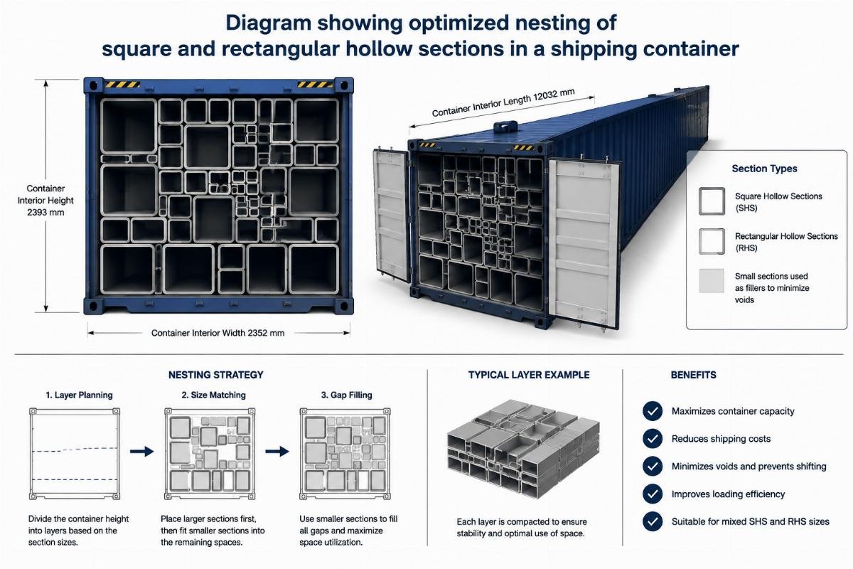 Diagram showing optimized nesting of square and rectangular hollow sections in a shipping container