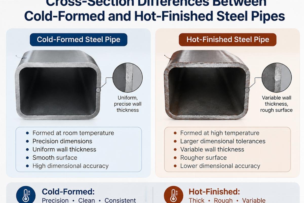 Diagram showing the cross-section differences between cold-formed and hot-finished steel pipes