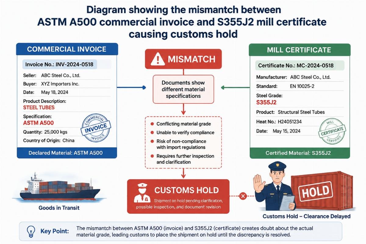 Diagram showing the mismatch between ASTM A500 commercial invoice and S355J2 mill certificate causing customs hold