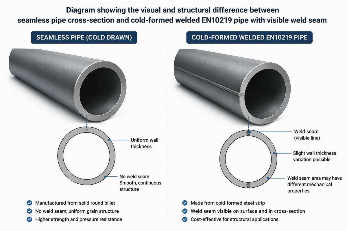 Diagram showing the visual and structural difference between seamless pipe cross-section and cold-formed welded EN10219 pipe with visible weld seam