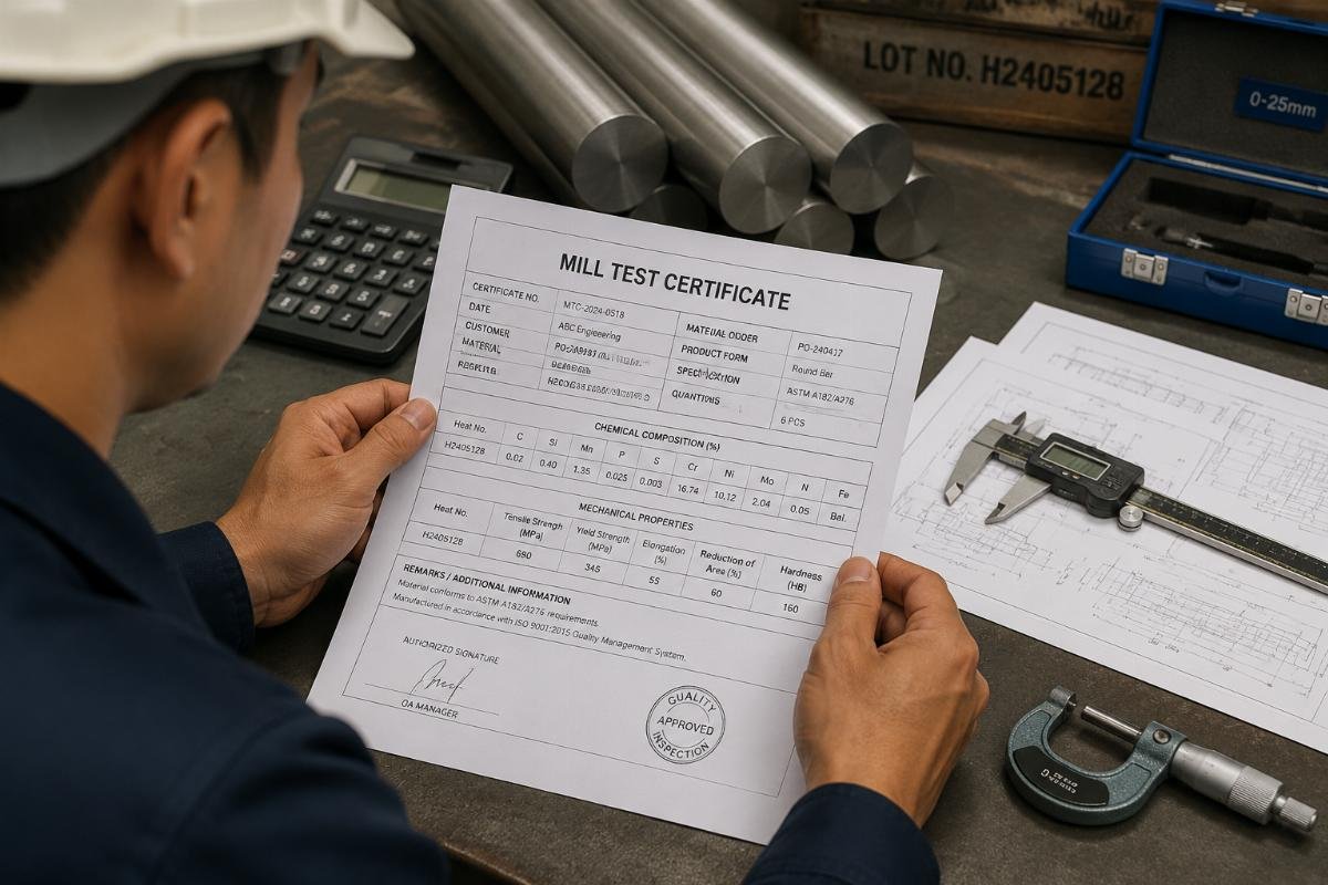 Engineer reviewing Mill Test Certificate documents with calipers and measuring tools nearby