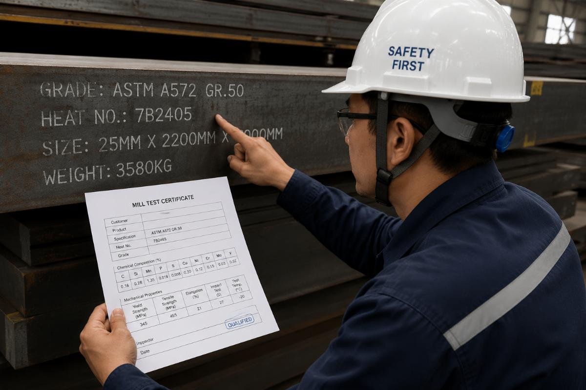 Engineer reviewing mill test certificates against physical steel markings