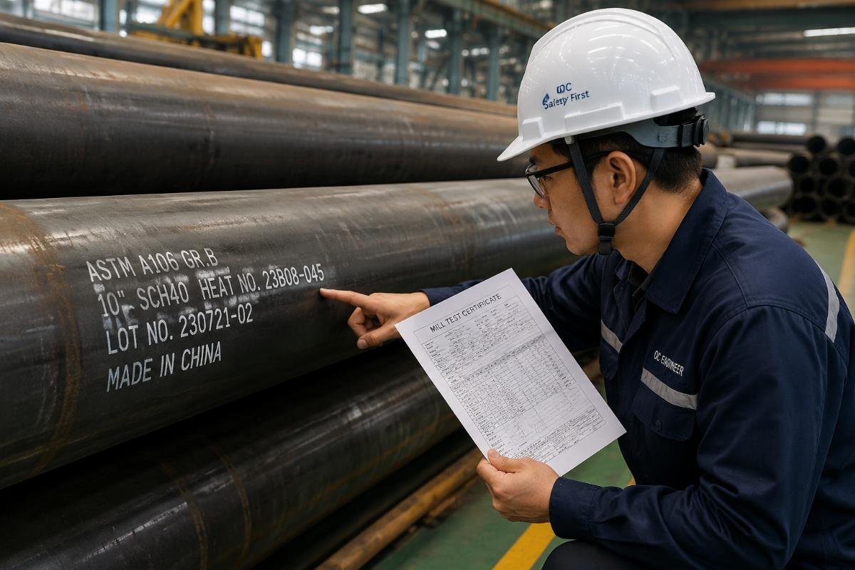 Engineer verifying mill test certificates against physical steel pipe markings at a factory
