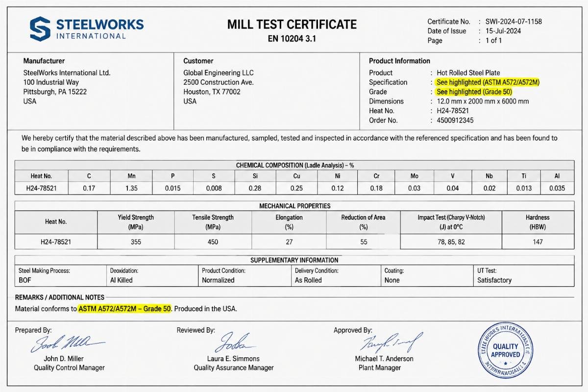 Example of a compliant mill test certificate highlighting standard code and grade
