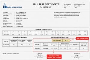 Example of a Mill Test Certificate highlighting the Charpy V-notch impact test section and test temperature