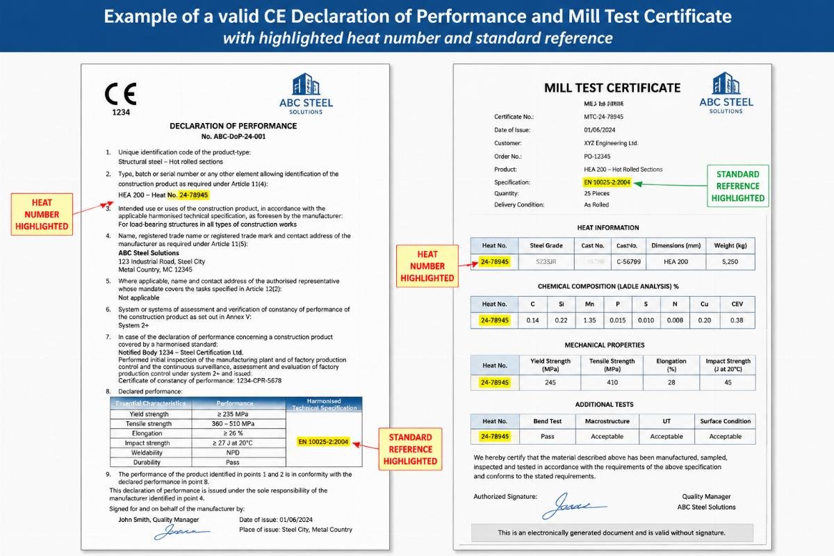 Example of a valid CE Declaration of Performance and Mill Test Certificate with highlighted heat number and standard reference