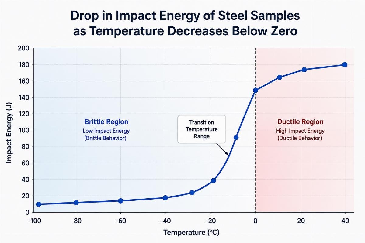 Graph illustrating the drop in impact energy of steel samples as temperature decreases below zero