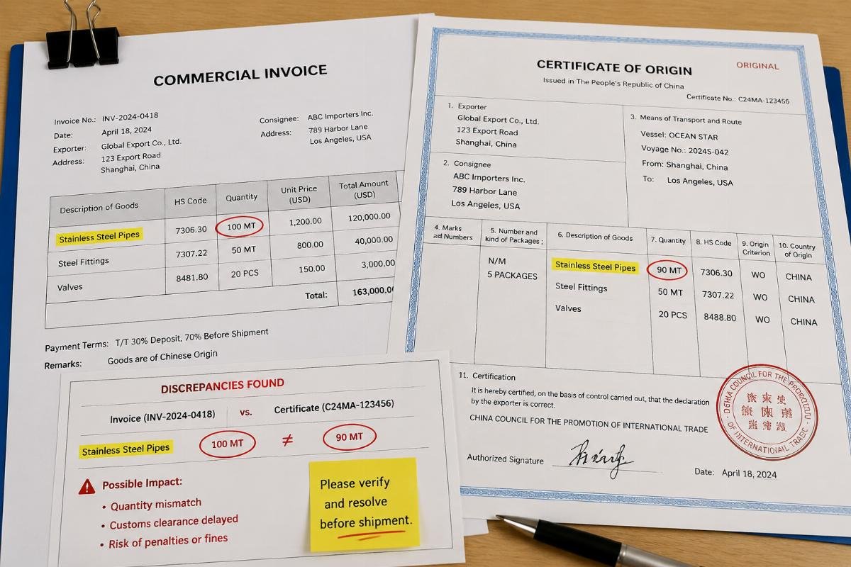 Image depicting a stack of shipping documents with highlighted discrepancies between invoice and certificate