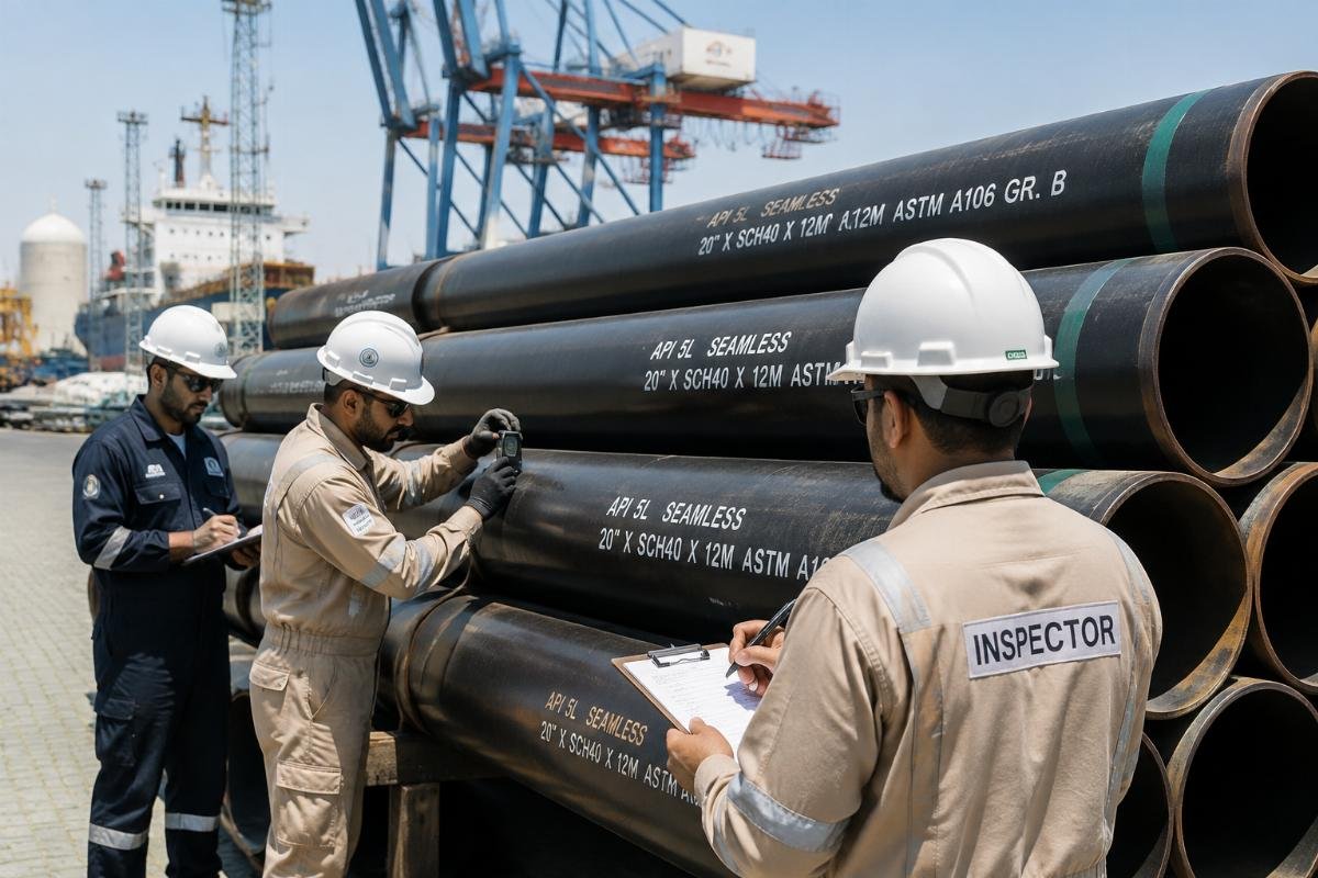 Inspection of API 5L seamless steel pipes at a Middle East port facility