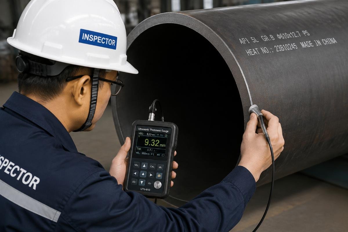 Inspector measuring wall thickness of API 5L seamless pipe with ultrasonic gauge