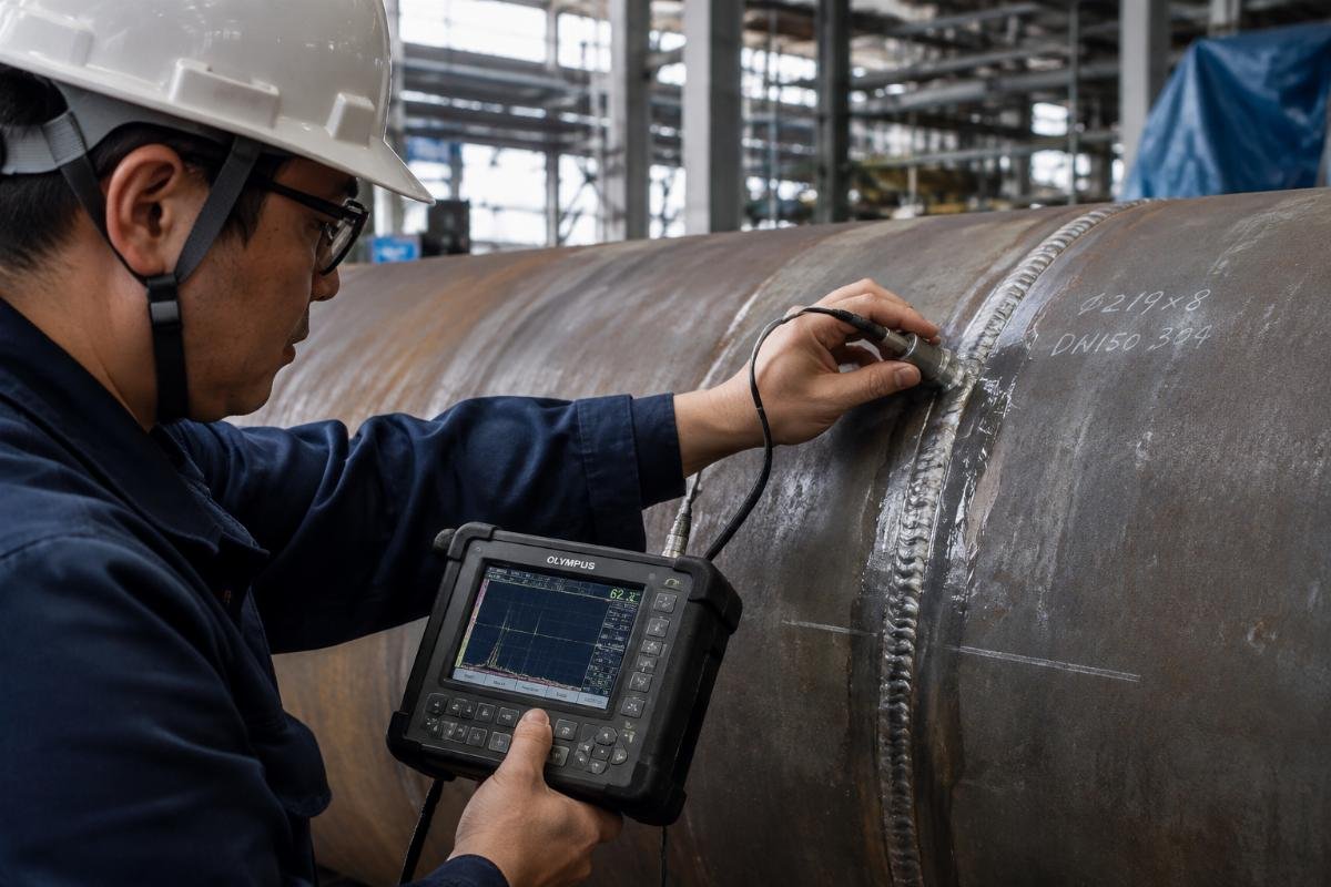 Inspector using ultrasonic testing equipment on a structural steel pipe weld seam