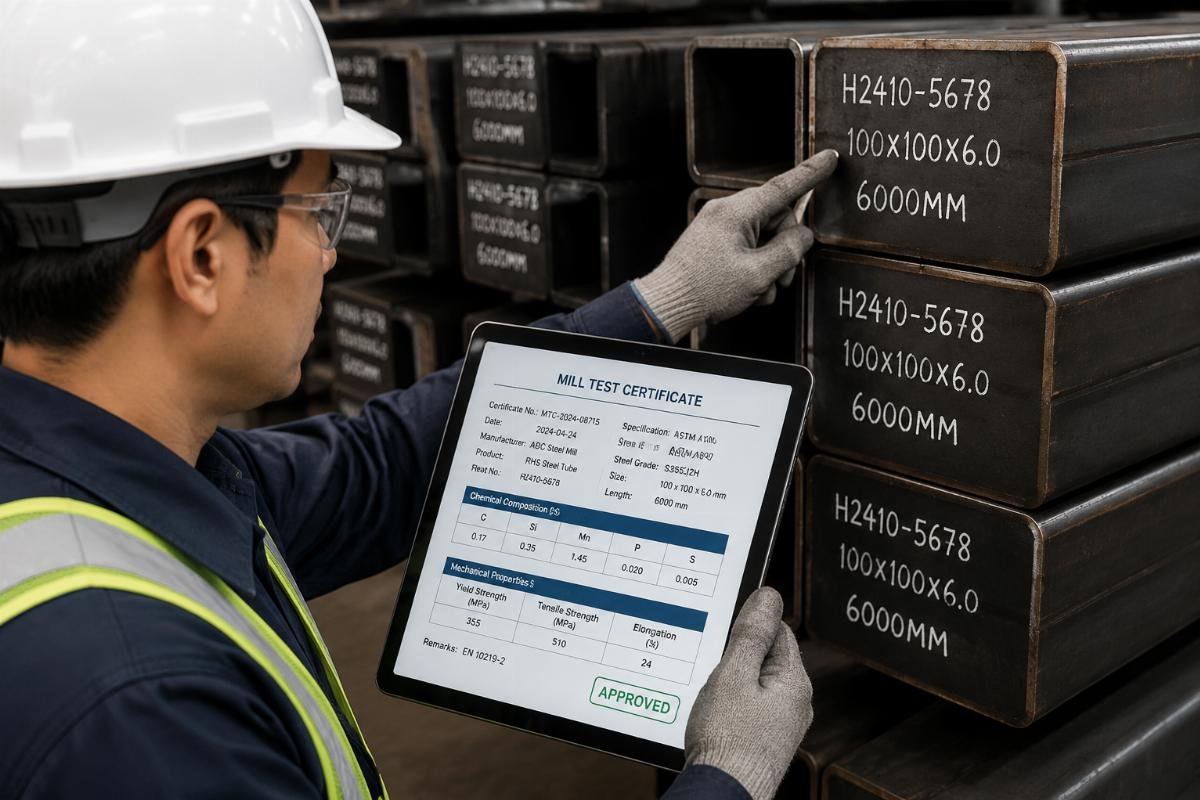 Inspector verifying heat numbers on stacked RHS steel tubes against a digital Mill Test Certificate