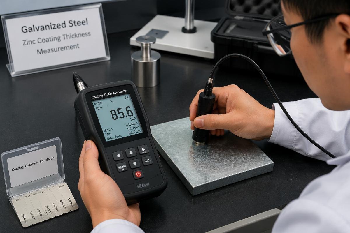 Laboratory technician measuring zinc coating thickness on a galvanized steel sample using a magnetic gauge