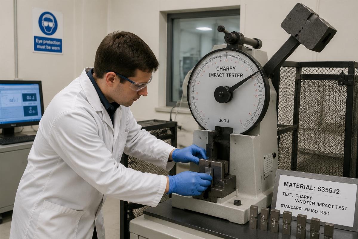 Laboratory technician performing Charpy V-notch impact test on S355J2 steel sample