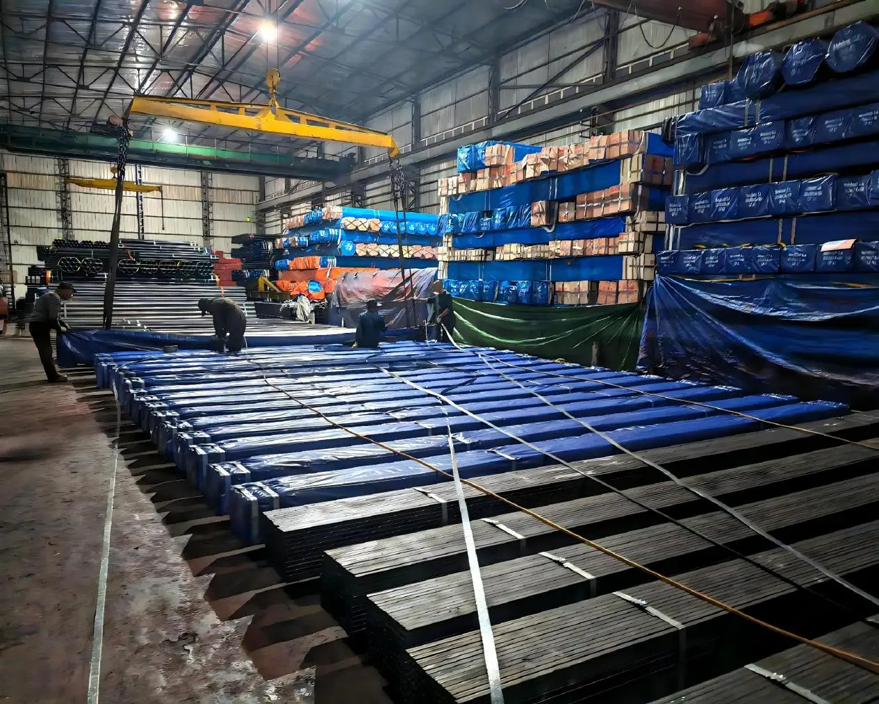 Bundles of finished square and rectangular steel tube in the storage bay