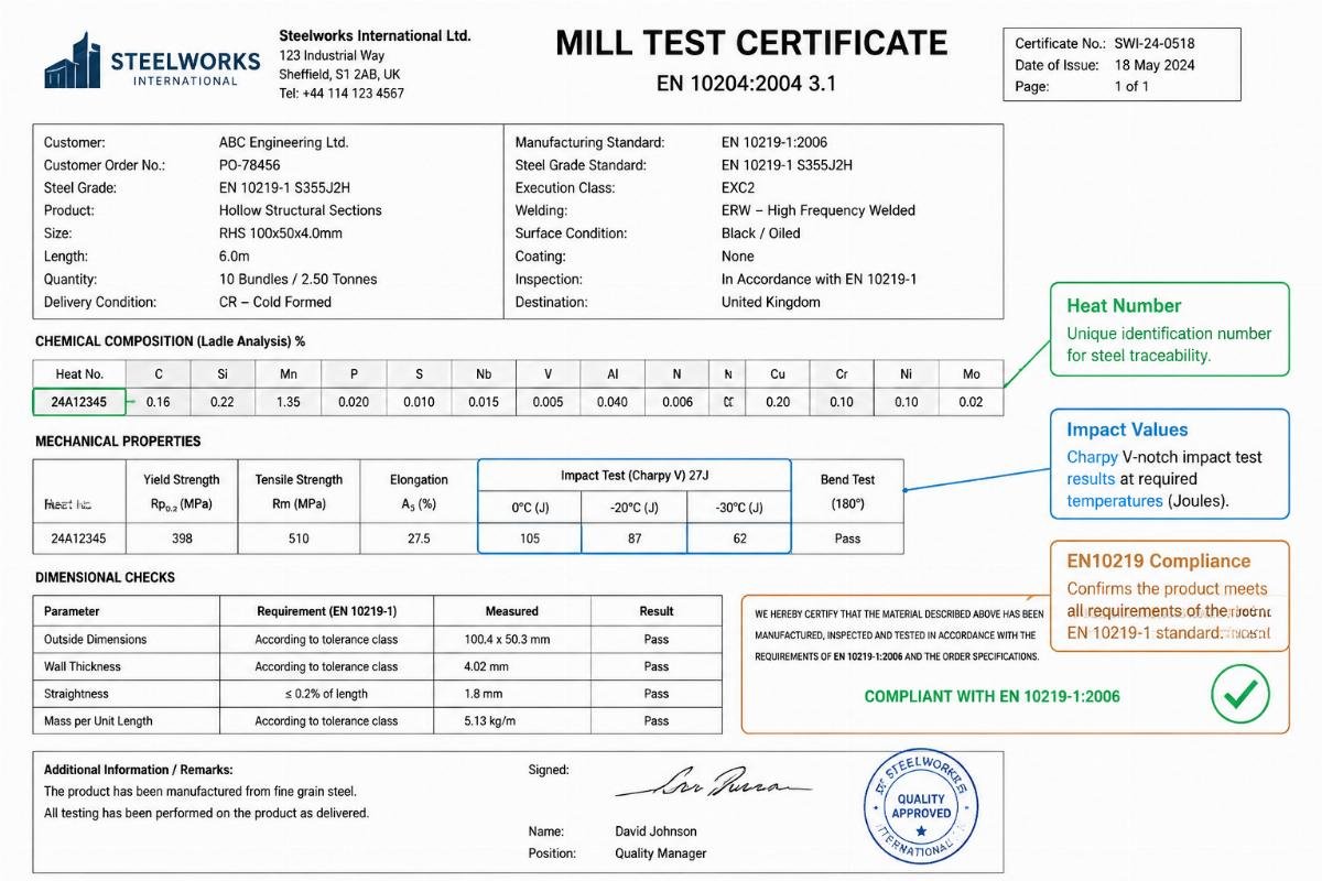 Mill Test Certificate example highlighting key data points for EN10219 compliance including heat number and impact values
